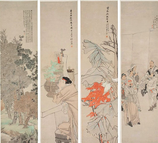 任伯年 山水花卉人物屏